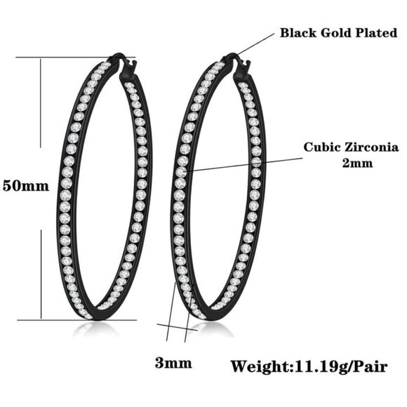 14K Black Gold with White Diamond Cubic Zirconia Big Hoop Latch Back Earrings - Picture 6 of 6